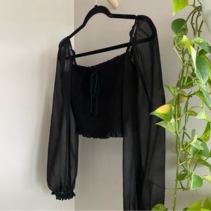 Aritzia Wilfred Saga Blouse Crop Top Sheer Puff Sleeves Square Neck Chiffon